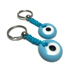 Glass turquoise Evil eye keychain , stainless or brass car protection