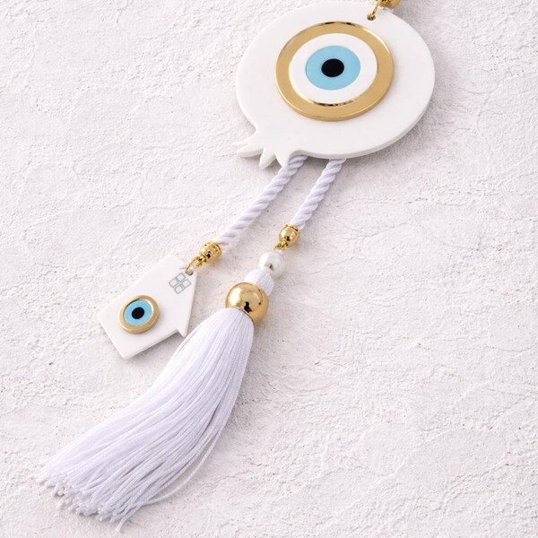 Evil Eye Pomegranate Wall Hanging: White, Gold Tone, House Protection