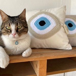 Handmade evil eye cushion cover house ornament crochet pillow Greek gift image 1