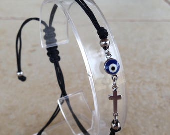 Dark blue evil eye cross bracelet, Greek jewelry, adjustable cross bracelet, gift for her