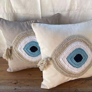 Handmade evil eye cushion cover house ornament crochet pillow Greek gift image 8