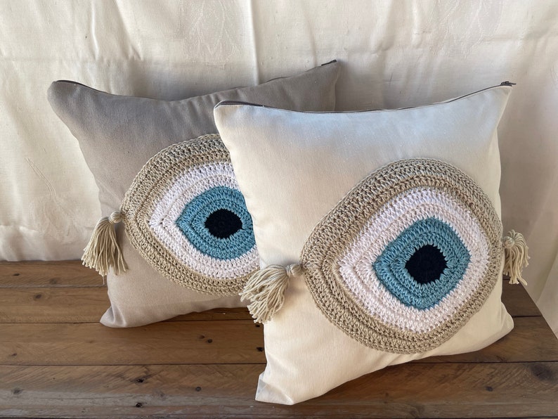 Handmade evil eye cushion cover house ornament crochet pillow Greek gift image 8