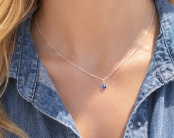 Tiny Sterling Silver Evil Eye Necklace - Minimalist Greek Jewelry