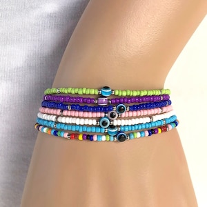 Evil eye beaded bracelet, tiny evil eye bracelet, 12 colors available, Buy two get one free
