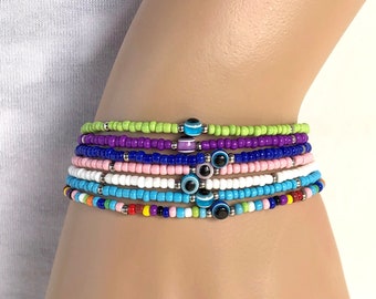 Evil eye beaded bracelet, tiny evil eye bracelet, 12 colors available, Buy two get one free