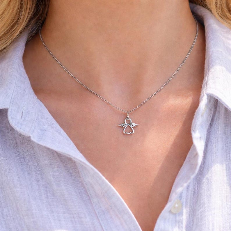 Tiny Stainless Steel Guardian Angel Necklace - Gift for Girl image 1