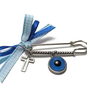 Baby Evil Eye Safety Pin, Baby Protection Charm with Cross & Blue Ribbon, Handmade Stainless Steel Infant Gift, Newborn Lucky Pin
