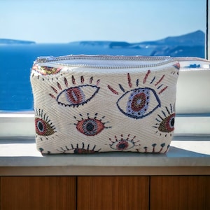 Greek Evil Eye Pouch - Jacquard Fabric Pouch - 2 sizes available - Greek Gift
