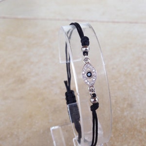 Evil Eye Jewelry Bracelet, Silver CZ Evil Eye Charm, Handmade Greek Protection Bracelet, Dainty Black Cord, Jewelry for Women