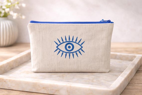 Canvas Evil Eye Embroidered Pouch - Customizable Greek Gift and Practical Accessory