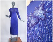 Sequin Gown Blue Beaded Silk Sparkle Formal Evening Dress Party Maxi Cocktail 80s Dynasty Full Length New Years Eve 1980s Glam Pageant Small