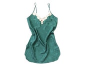 90s Mini Slip Dress SATIN JACQUARD 1990s Babydoll Lingerie Nightie Camisole Dark Green Nightie Cami Rose Floral Dolly Goth Small