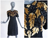 Sequin Party Dress Beaded Silk New Years Eve Cocktail 80s Glam Evening Fully Embellished Sparkle Black Gold 1980s Gown Art Deco NYE Small