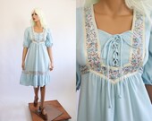 70s Prairie Dress Peasant 1970s Baby Blue Boho Midi Bohemian 60s Ruffle Floral 1960s Hippie Folk Spring Summer Pastel Poet Small Medium