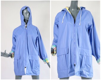 80s Slicker Raincoat 1980s PVC Rain Jacket Hooded Vinyl Periwinkle Blue Spring Coat Misty Harbor 90s Outerwear Pastel Plaid Lined Mod Large
