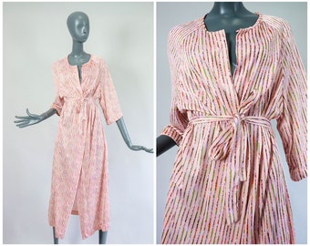 60s Loungewear Jacket 1960s Lounge Robe Beach Cover Up Poolside Coverup Dressing Gown 1970s Pastel Pink Striped Belted Dress 70s Housecoat