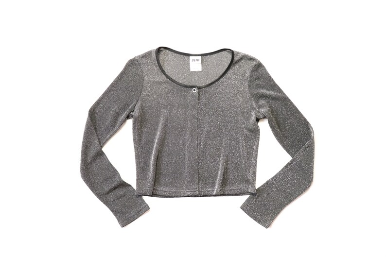 90s METALLIC LUREX Silver Stretch Cropped Shirt Cardi Jacket Blouse 1990s Crop Top Midriff GALAXY Glitter Goth Club Kid Cardigan Small