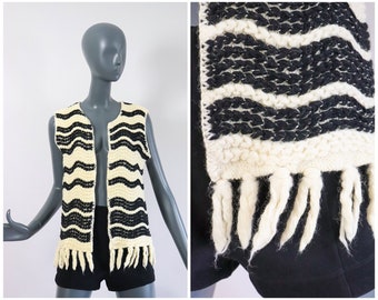 70s Fringe Knit Cardigan Vest Jacket Sleeveless Sweater Top Virgin Wool 1970s Striped Shirt 1960s Groovy 60s Hippie Folk Tunic Small Medium