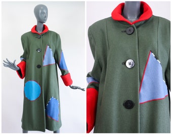 80s Colorblock Wool Coat 1980s Post Modern Avant Garde Jacket Colorful Oversized Statement Patchwork Appliqué Wearable Art Abstract Medium