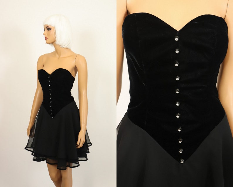 Iconic Frederick's of Hollywood 1980s Party Dress 80s Strapless Prom Mini Black Velvet Sheer Chiffon Tiered Sweetheart Cocktail Gown XXS XS 