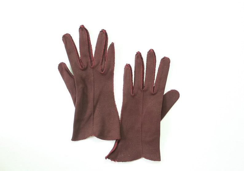 50s Brown Woven Cotton Gloves 1950s Ladies Red Stitched Winter image 0