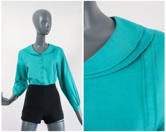 Japanese Vintage Linen Blouse 80s Peter Pan Collar Pleated Top 1980s Button Down Cotton Shirt Bloused Secretary Teal Turquoise Small Medium