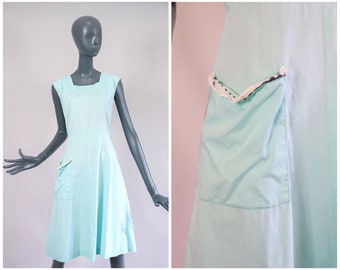 1950s Chore Dress 50s Cotton Work Smock Womens Workwear Uniform 1940s Housecoat 40s Summer House Day Midi Pale Aqua Blue Mint Green Medium