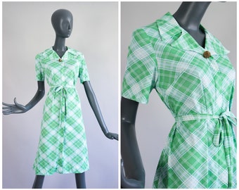 60s Mod Dress 1960s Mod Zip Up Shirtdress Shift Mint Green Baby Blue Plaid Sheath Scooter Double Dagger Collar Tie Belt Shift Medium Large