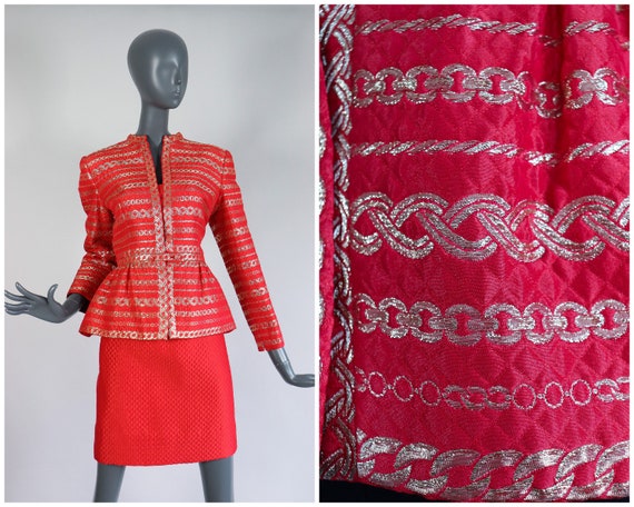 Pauline Trigere Gold Brocade Suit Metallic Chain L