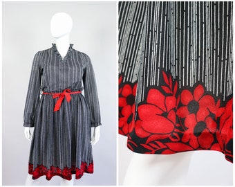 Sheer Striped Secretary Dress 1970s Ruffle 1980s Midi 70s 80s Shirtdress Red Floral Border Print Extra Large XL Plus Size Volup 1x