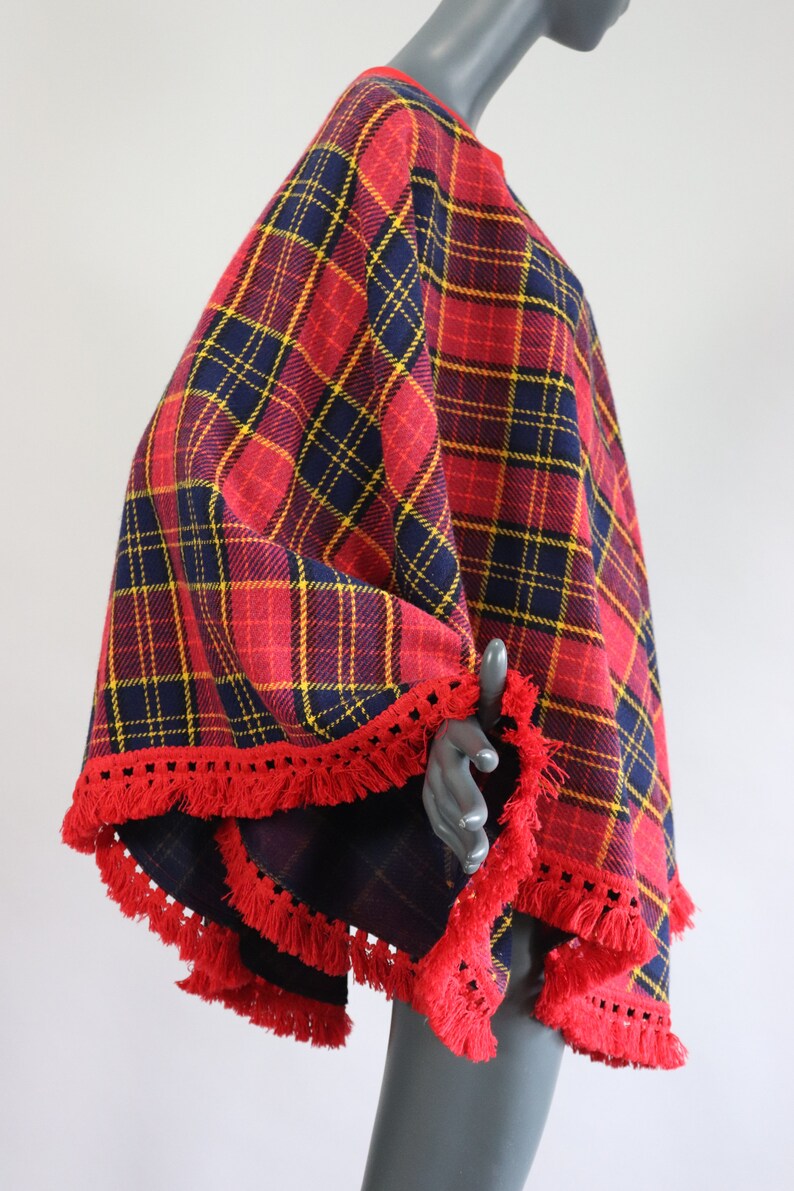 70s Plaid Wool Fringe Cape 60s Poncho 1960s Mod Jacket 1970s Groovy Coat Shawl Hippie Retro Navy Red Keyhole 1960s Mini Dress Open Size