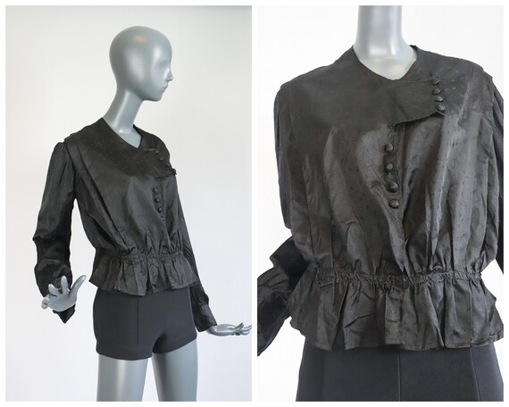 1910s Antique Victorian Silk Blouse 1900s Black Ed