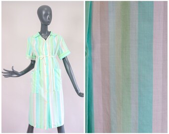 60s Loungewear Dress Multi-Colored Green Blue Striped 1960s Cotton Housecoat Summer Shirtdress House Smock Lounge Mid-Century MCM Large