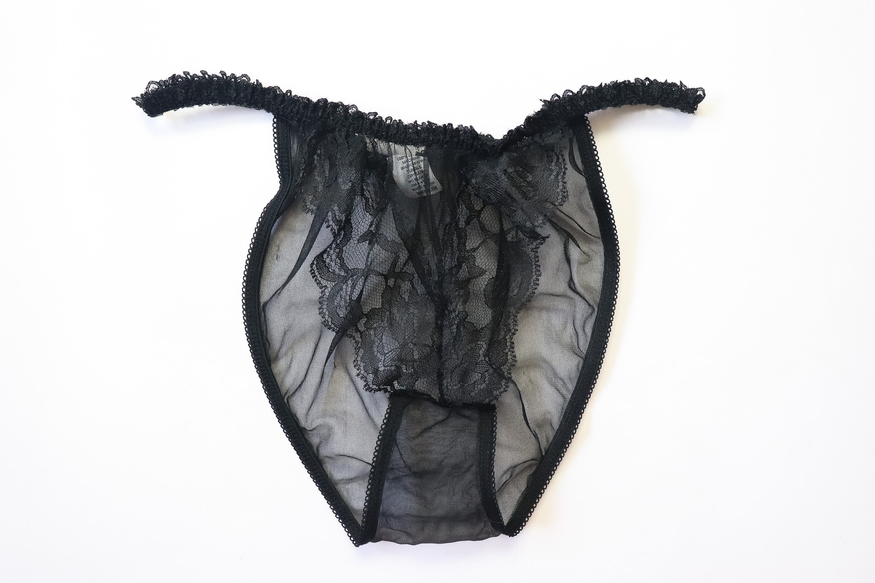 Vintage Sheer Black Lace Mesh Net Super High Cut String Bikini Panties 1980...