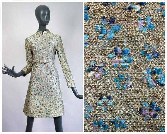 60s Metallic Gold Dress Floral Flocked Space Dyed