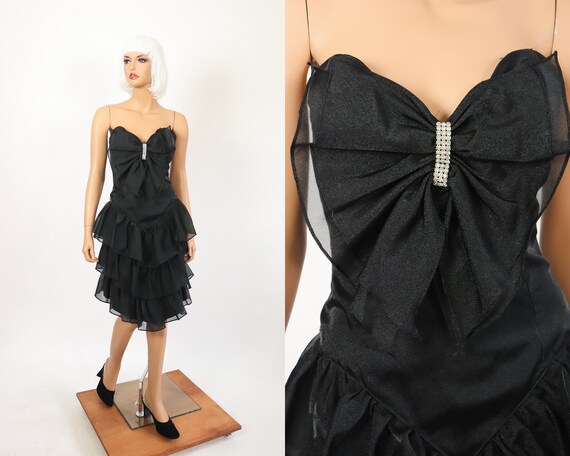 80s Party Dress 1980s Prom Mini Black LBD Straples
