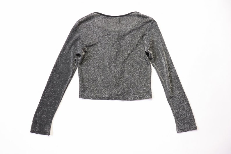 90s METALLIC LUREX Silver Stretch Cropped Shirt Cardi Jacket Blouse 1990s Crop Top Midriff GALAXY Glitter Goth Club Kid Cardigan Small