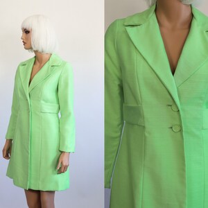 60s Mod Jacket 1960s Silk Mini Dress Coat Florescent Lime Green Babydoll Overcoat Spy Girl Tailored Blazer Neon Day Glo MCM Small Medium