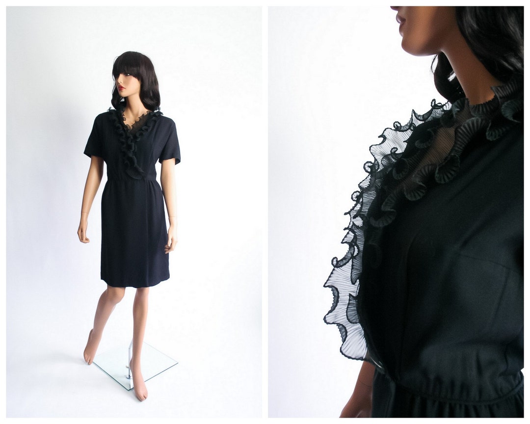 50s Cocktail Dress Tuxedo Ruffle 1950s Rayon Crepe Party Dress 1960s ...