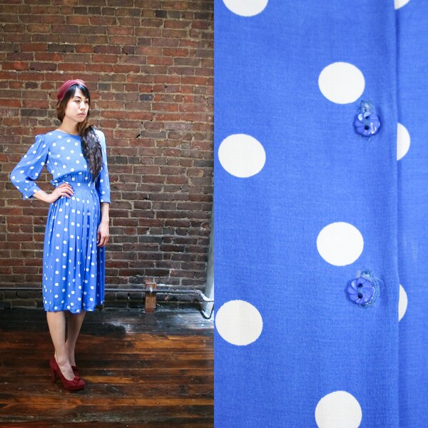 Vintage 80s does 40s Rayon Polka Dot Blue Pleated Blouson Midi Dress (S)