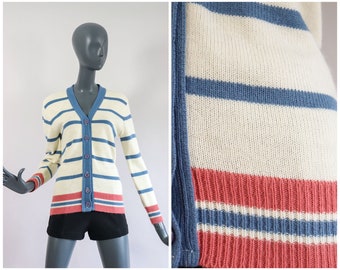 70s Striped Cardigan 1970s V-neck Sweater 60s Mod Knit Shirt 1960s Salmon Storm Blue Stripes Jumper Beatnik Jacket Top Small Medium