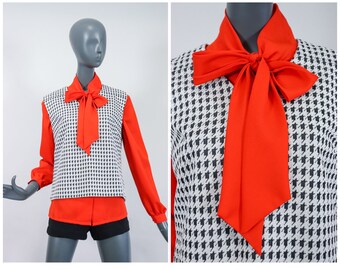 Mod Set Ascot Tie Top Red Bow Blouse + Geometric Houndstooth Tank Vest 70s Secretary Shirt 1970s Bowtie 60s Sailor Nautical Small Medium