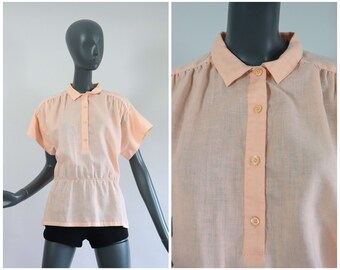 1970s Pastel Peach Cotton Blouse 70s Bloused Peplum Shirt 1980s Dolman Top Button Up Spring Summer Peasant Thin Woven Large