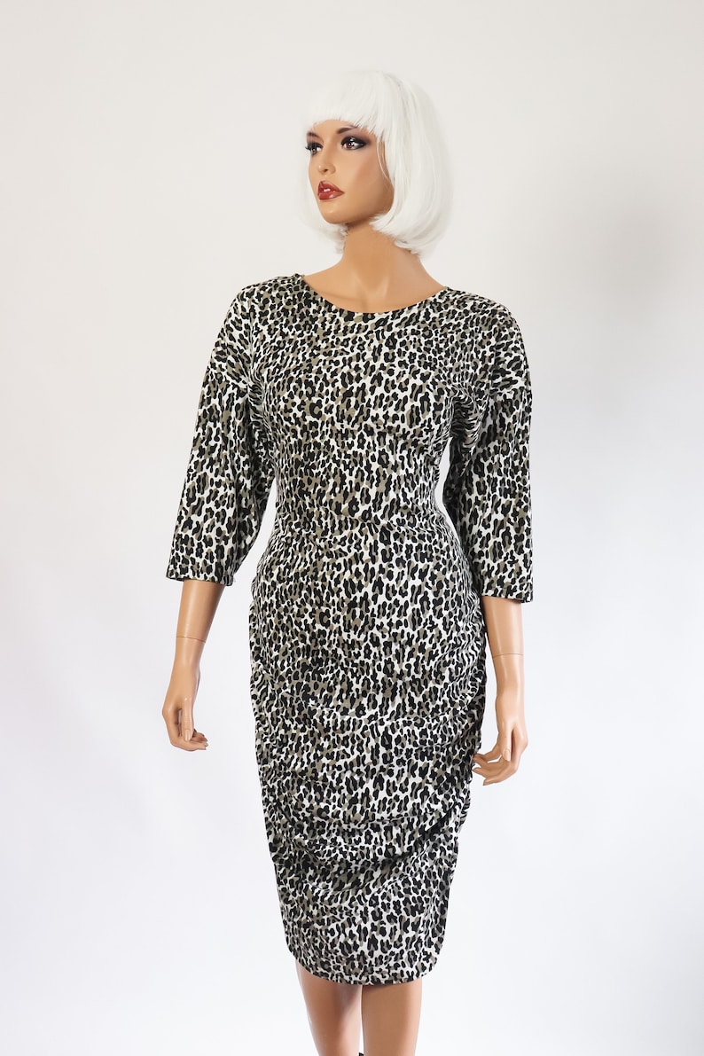 Animal Print Wiggle Hourglass Dress Leopard Cocktail Party 80s Body Con 1980s Bandage Pin Up 90s Retro 1990s Vamp Backless Bow Small Medium