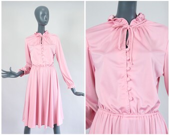 70s Romantic Peasant Dress Pastel Pink Prairie 1970s Blush Boho Midi Bohemian Spring Poet Ruffle Collar Keyhole Feminine Medium Large