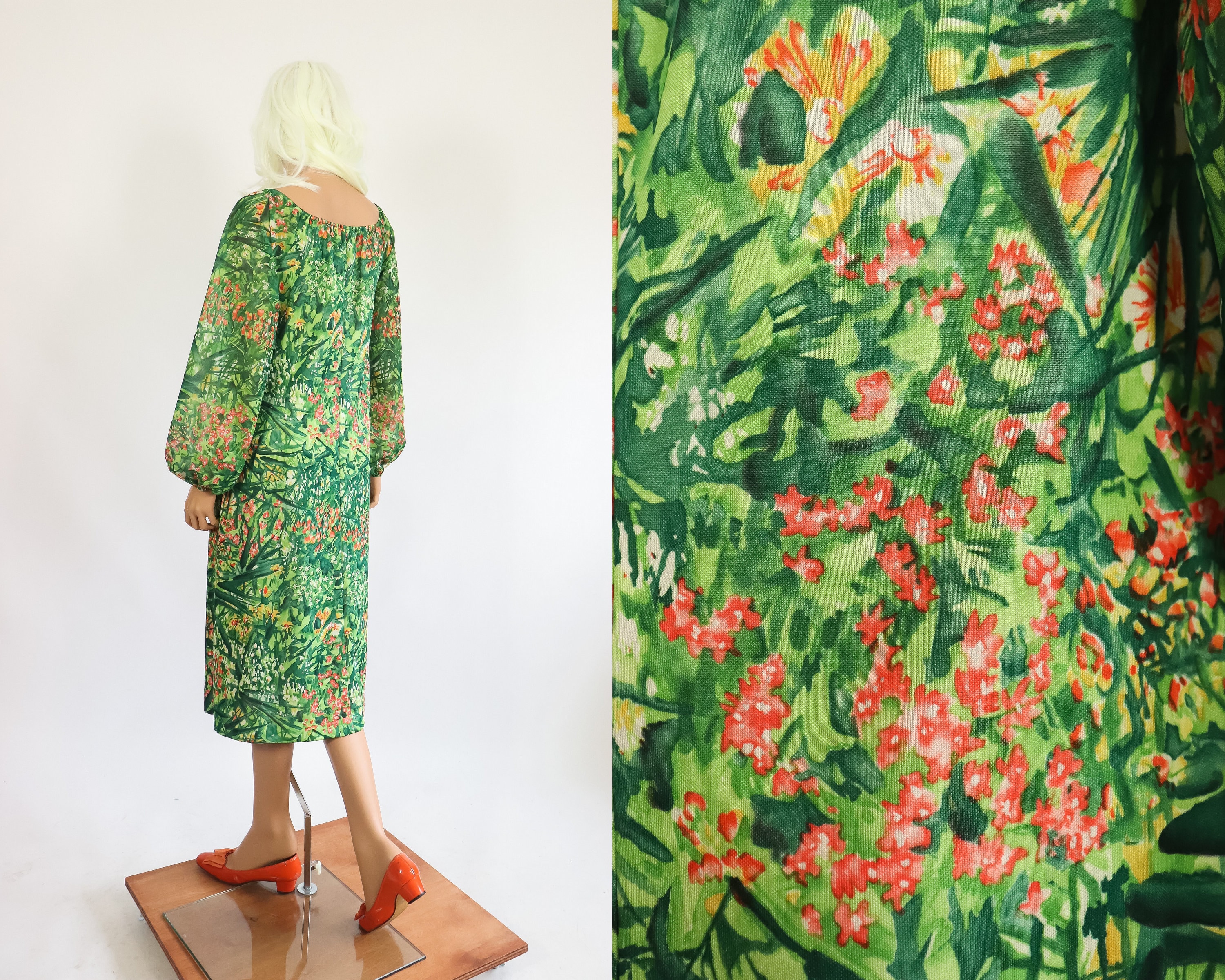 Sheer green floral 1970s poly chiffon dress bracelet sleeves small bust 93cm