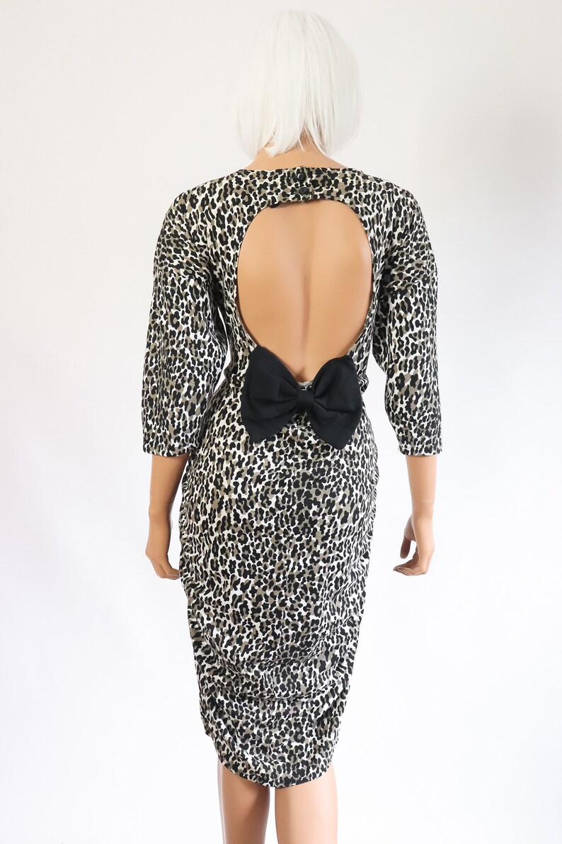Animal Print Wiggle Hourglass Dress Leopard Cocktail Party 80s Body Con 1980s Bandage Pin Up 90s Retro 1990s Vamp Backless Bow Small Medium