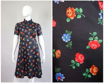 60s Mod Floral Dress Scooter Mock-neck Shift Sheath A-Line Skirt 1960s Groovy Cottage Goth 1970s Polyester Knit 70s Extra Large XL