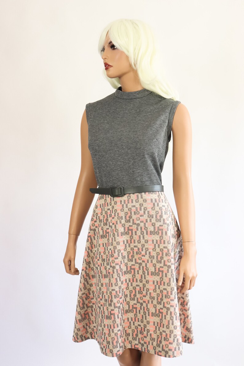 1960s Fit and Flare Dress RIBBED Op Art Print Gray Beige Coral | Etsy