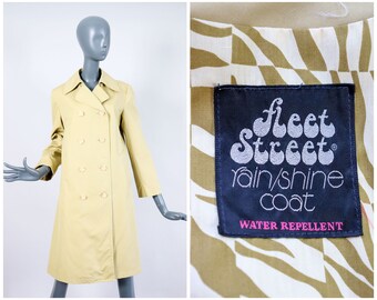 1970s Mod Trench Coat 70s Raincoat w/ Groovy Op Art Print Lining Khaki Rain Jacket All Weather Spy Girl Beatnik Peacoat Overcoat Medium L